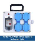Front view of a white wall-mounted outdoor power box with four blue waterproof sockets and an indicator light.