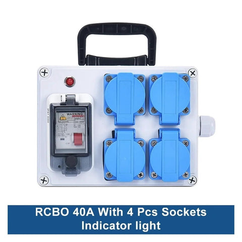 Front view of a white wall-mounted outdoor power box with four blue waterproof sockets and an indicator light.