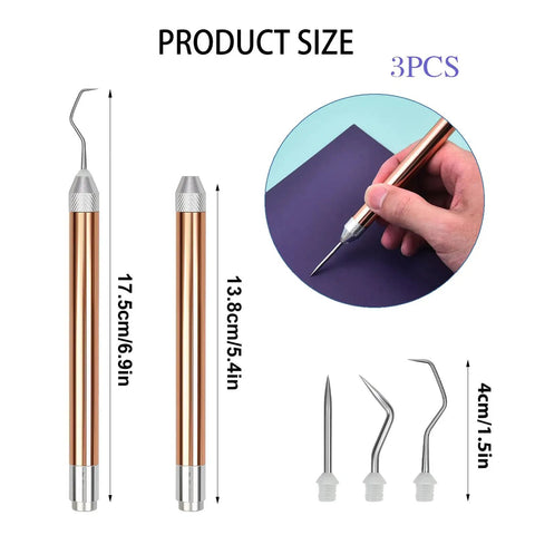 Lighted Vinyl Weeding Tools Set 3 Piece Pin And Hook Led Pen For Easy Iron On Removal Tiny Vinyl Paper Silhouette Work Rose Gold Finish Great For Cricut And Silhouette Cutting Machines, showing different tool sizes and shapes.