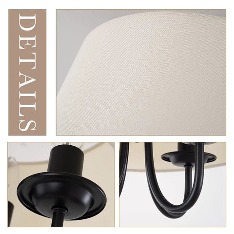 Close-up of Dope Semi Flush Mount Ceiling Light Fixture With Off White Fabric Drum Shade Matte Black Canopy Sleek Modern 4 Light Chandelier details