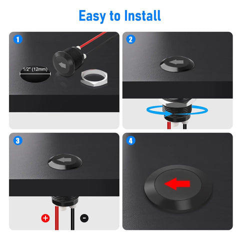 2-Pack 12V Red LED Indicator Light Kit For Rigs And Gear With Half-Inch Panel Cutout Waterproof Signal Lamps 300mm Wires Bright Uniform Glow Built Tough IP67 Waterproof, 12mm mount