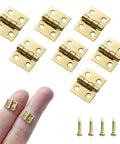 Set of gold tone mini brass hinges 10x8mm with screws, shown in detail for dollhouse mini furniture and jewelry boxes.