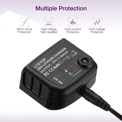 Black 16V-20V Lithium Ion Battery Charger Replacement for tool batteries showing multiple protection features