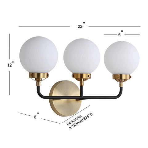 22 Inch Brass Gold Black White 3 Light LED Wall Sconce Vanity Lighting With Clear Glass Globe Shades For Bathroom Mirror And Hallway Modern Vibe Sleek Contemporary UL Listed showing dimensions.