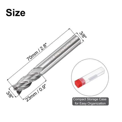 End mill router bit, HSS-AL, 4-flute, 3/8 in cutting dia, 3/8 in shank, 70 mm long; upcut spiral for wood/PVC/MDF engraving.