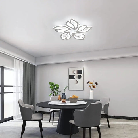 Modern 60W Dimmable LED Ceiling Light With Remote, 23.6 Inch White Acrylic Leaf Flush Mount Chandelier in dining room.