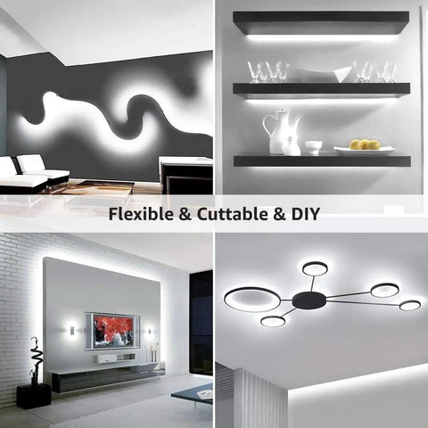 Collage of home interiors with 32.8 Foot Dimmable LED Strip Light With 600 High Brightness 2835 LEDs Daylight White 6000K