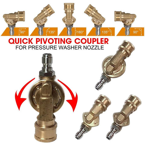 Brass pressure washer pivoting coupler with 1/4-inch quick-connect gutter cleaner attachment, 4500 PSI, 240° with 7 angles