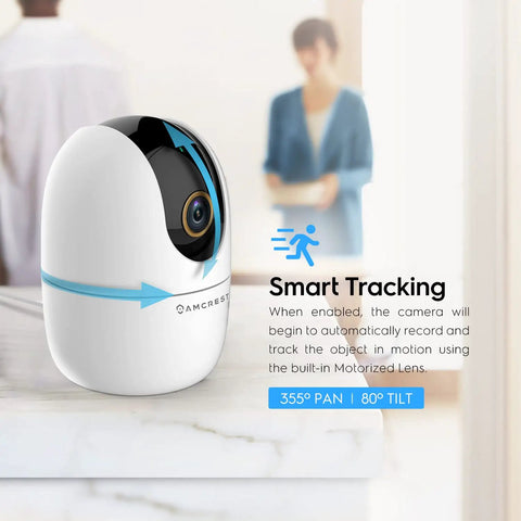 4MP WiFi Indoor Camera with Baby Monitor, featuring motion tracking and 355° pan, 80° tilt, on a white marble surface