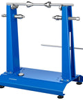 Front view of Pro Grade Motorcycle Wheel Balancer And Truing Stand with blue steel frame and adjustable centering cones for motorcycles.