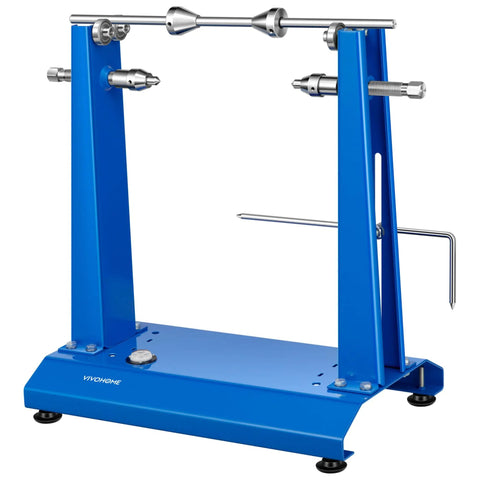 Front view of Pro Grade Motorcycle Wheel Balancer And Truing Stand with blue steel frame and adjustable centering cones for motorcycles.