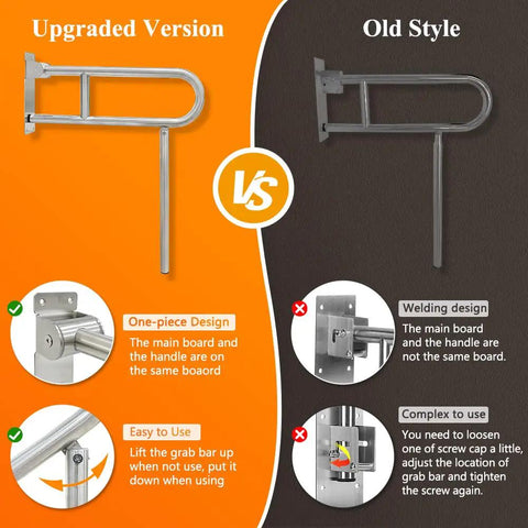Comparison of fold up 24 inch bathroom grab bars, showing upgraded version with one-piece design vs old style with welding design.
