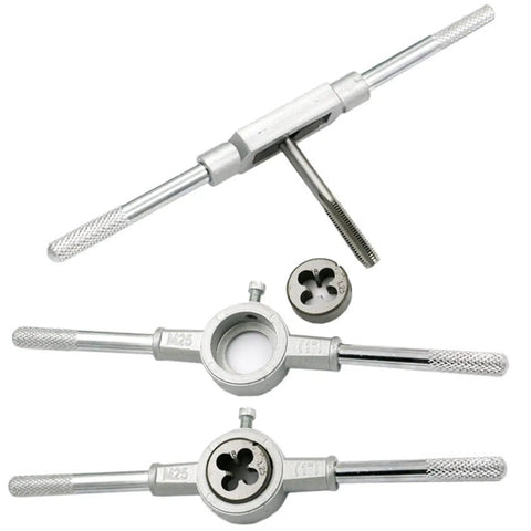 Huge 12 Piece Tap And Die Wrench Set With Heavy Duty Alloy Steel Holders For M3 Through M12 Threads Perfect Metalworking Hand Tools That Are Totally Awesome For Your DIY Projects Or Professional Fabrication Jobs Anywhere. alloy steel tap and die wrenches with round die holders, shown front view