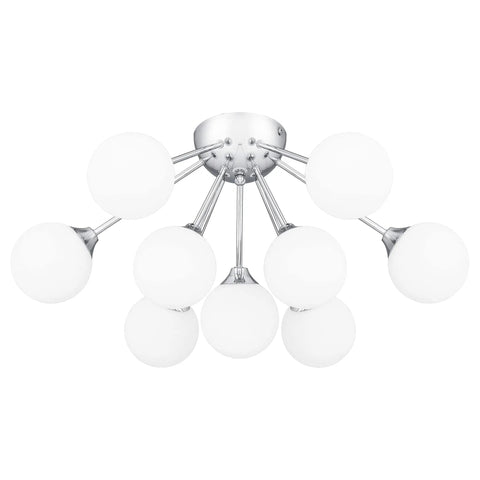 Nine Light Polished Chrome Semi Flush Mount Ceiling Light With Opal Glass Orbs Sleek Modern Mid Century Vibe Damp Location ETL Listed Includes Nine 40 Watt T4 Xenon Bulbs in a room setting