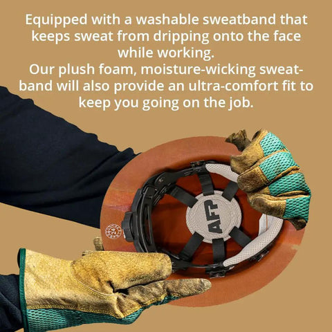 Worker holding Kevlar Fiber Full Brim Hard Hat With 6 Point Ratchet Suspension, showing interior and sweatband