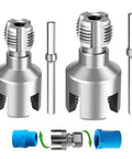 Heavy Duty 2 Pc Pvc Pipe Threader Kit For Internal And External Threading showing steel threader heads and adapters.