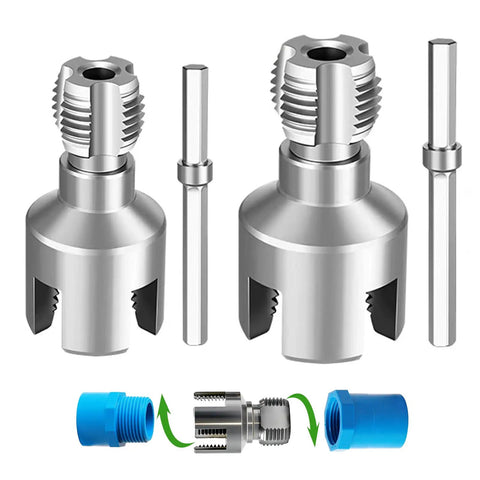 Heavy Duty 2 Pc Pvc Pipe Threader Kit For Internal And External Threading showing steel threader heads and adapters.