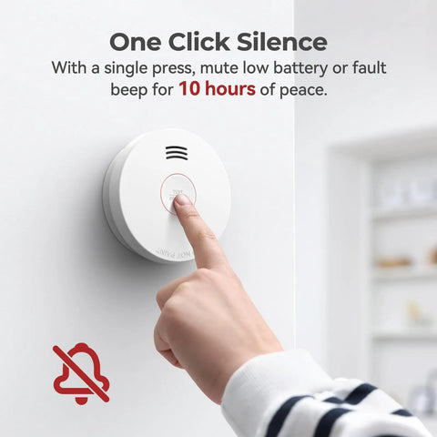 Hand pressing the test button on a Top Shelf Smoke Detector With Ten Year Sealed Lithium Battery for quick silence.