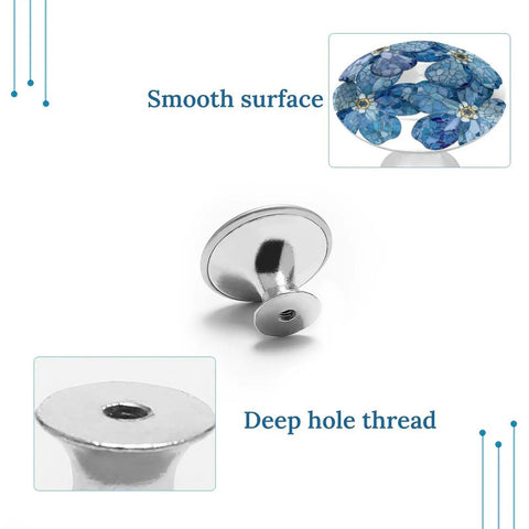 Cool Blue Stained Glass Flower Mosaic Round Cabinet Knobs 2 Pack With Screws, showing stainless base and flower pattern.
