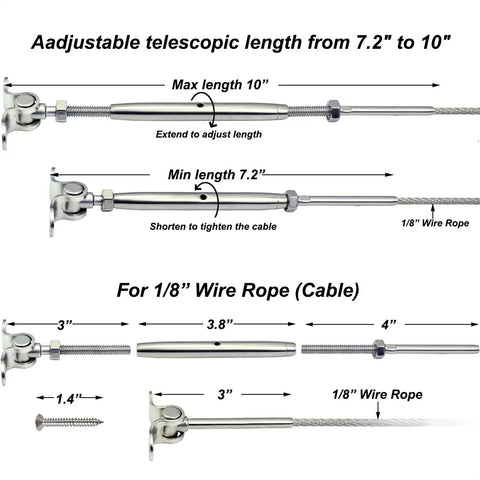 Image showing adjustable turnbuckles for DIY Cable Railing Kit With Turnbuckles For Wood Posts, 1/8 inch stainless steel cable details.