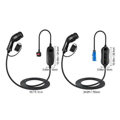 Level Up Your Daily Drive With This Heavy Duty Portable EV Charger Type 2 Plug with chargers and a digital screen on a coil cable.