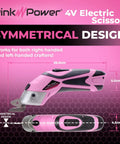 Pink Power Electric Fabric Scissors Box Cutter For Crafts Sewing Cardboard Carpet Scrapbooking Heavy Duty Professional Cordless Cutting Tool With Lithium Battery Charging Station And Storage Case Best Snip showing symmetrical design for right and left-handed use.