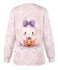Back view of Pink Ghost Moisture Wicking Scrub Jacket for Women, featuring a cute ghost design with a pumpkin and bow.