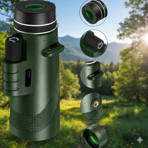 HD Monocular Telescope With 42mm Objective Lens, High Powered Spotting Scope with green rubber grip in outdoor setting.