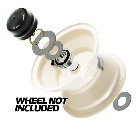 Exploded view of HD Switch Front Wheel Bearing Bushing To Bearing Conversion Kit for Lawn Mowers and Garden Tractors.