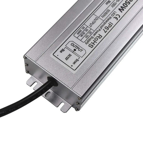Close-up of Beefy 250W 12V DC LED Driver Power Supply For Outdoor Use IP67 Waterproof Transformer with cable connection