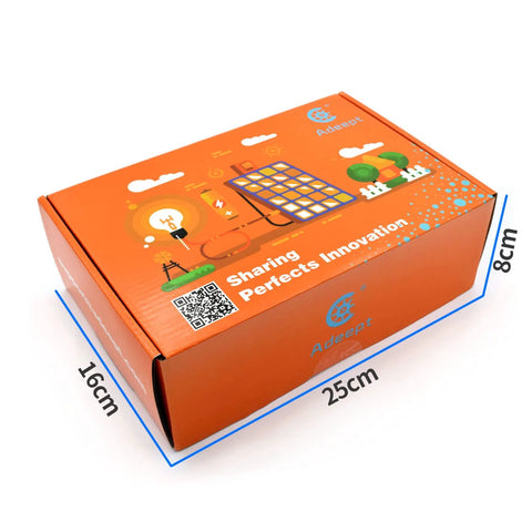 Adeept branded Mecanum Wheels Robot Car Kit packaging box with dimensions 25cm x 16cm x 8cm, highlighting the innovative design.