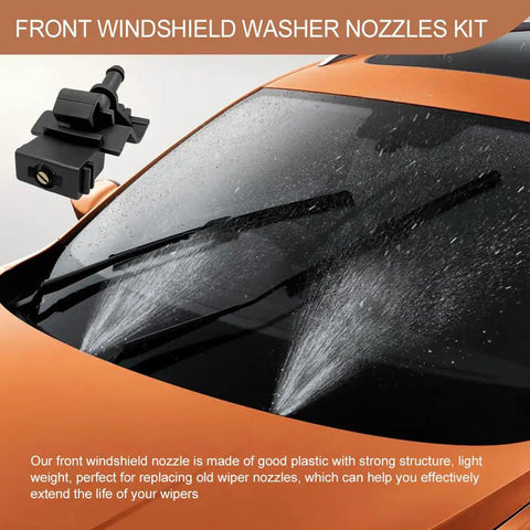 Two Pack Windshield Washer Nozzles Kit spraying water on car windshield, highlighting front sprayer nozzle replacement 85381-12300