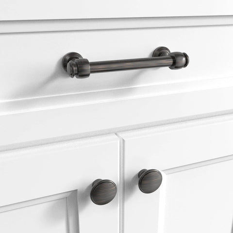 Milano Door And Drawer Pull 8 Inch Center-To-Center in Oil Rubbed Bronze installed on white cabinet.