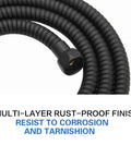 Close-up of Extra Long Matte Black Stainless Steel Shower Hose Extension highlighting rust-proof finish and flexible design.