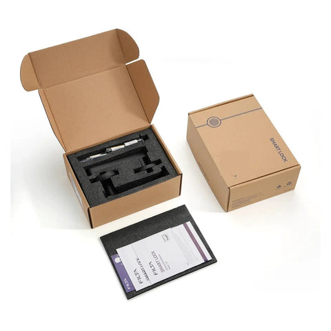 No Sweat Smart Keyless Entry Lock Delivering Rock Solid Fingerprint Scanning Straight Up Digital Passcode Protection And Super Slick Bluetooth App Pairing For Premium Door Security in open box with accessories.