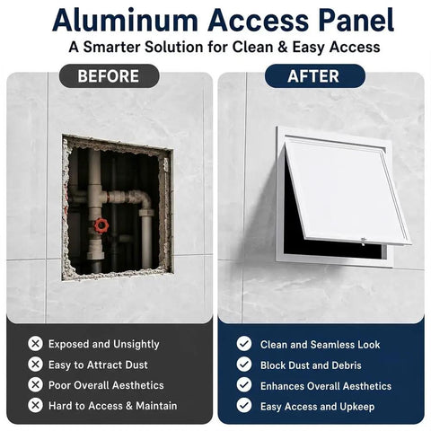 Before and after image of Slick White Attic Access Panel Door for Drywall showing installation transformation.