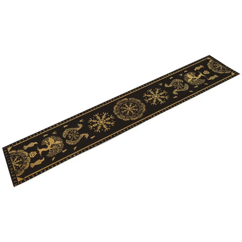 Tree Of Life Dope Abstract Table Runner 13x60 Inches With Golden Black Celtic Geometric Dragon Boat Rudder Motifs, cotton blend.