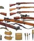 One To Thirty Fifth Scale British Infantry Weapons And Equipment Plastic Model Kit In Grey Dope Detailing Not A Toy Built For Real Talk Scale Model Builders And Collectors displaying various rifles, pistols, and gear.