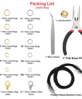 Image showing contents of All In One Jewelry Making Kit With 1314 Open Jump Rings And 40 Lobster Clasps Pliers Tweezers Jump Ring Tool Opener And 10 Black Waxed Necklace Cords 22 Inches In Gold And Silver For Diy Necklace Repair And Craft Projects.