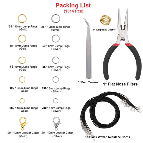 Image showing contents of All In One Jewelry Making Kit With 1314 Open Jump Rings And 40 Lobster Clasps Pliers Tweezers Jump Ring Tool Opener And 10 Black Waxed Necklace Cords 22 Inches In Gold And Silver For Diy Necklace Repair And Craft Projects.