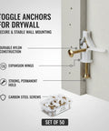 50 Pack Drywall Toggle Anchors With Carbon Steel Screws For Hollow Walls Nylon Mounting Kit To Hang Shelves Frames Mirrors And Light Fixtures