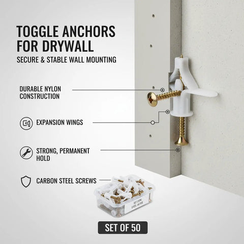 50 Pack Drywall Toggle Anchors With Carbon Steel Screws For Hollow Walls Nylon Mounting Kit To Hang Shelves Frames Mirrors And Light Fixtures