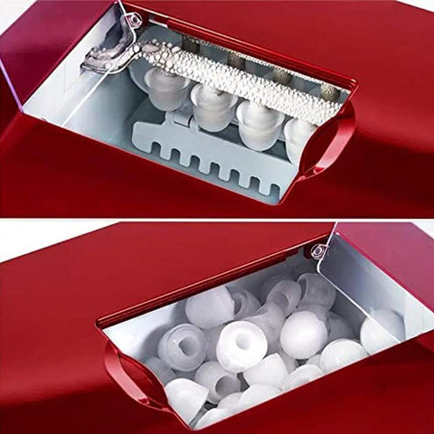 Hella Quick Countertop Ice Maker Machine With Dope Stainless Steel Build And 220V Power, showing ice cubes and snow flakes inside ice chamber.