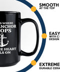 Fifteen Ounce Black Coffee Mug For Lake Lovers And Boat Captains With Land Is Where Theme, smooth top, C handle, durable ceramic