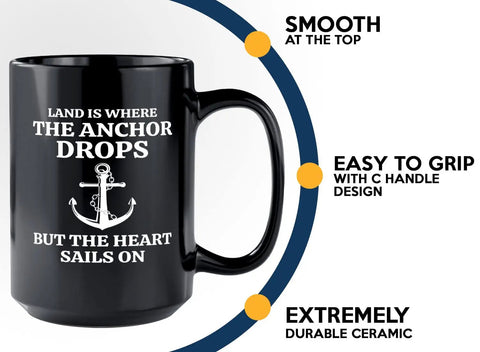 Fifteen Ounce Black Coffee Mug For Lake Lovers And Boat Captains With Land Is Where Theme, smooth top, C handle, durable ceramic