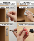Installation of Ultra Thin Stick On Cabinet Magnets Set Of 6 For No Drill Installation with 3M adhesive and screws methods.