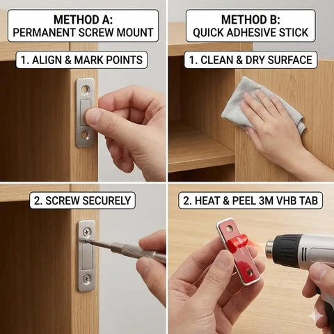 Installation of Ultra Thin Stick On Cabinet Magnets Set Of 6 For No Drill Installation with 3M adhesive and screws methods.
