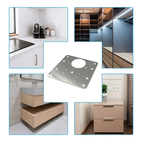 Four Pack Heavy Duty Stainless Steel Hinge Repair Plates With Matching Screws Fix Wobbly Cabinet Doors For Wood Furniture Shelves Quick Install No Sweat Built Tough Real Deal Quality displayed in various furniture settings.