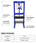 Image of 6 Ton Hydraulic Shop Press With Adjustable 2.2 To 9.4 Inch Range, Heavy Duty H-Frame With specifications and dimensions.