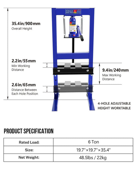 Image of 6 Ton Hydraulic Shop Press With Adjustable 2.2 To 9.4 Inch Range, Heavy Duty H-Frame With specifications and dimensions.